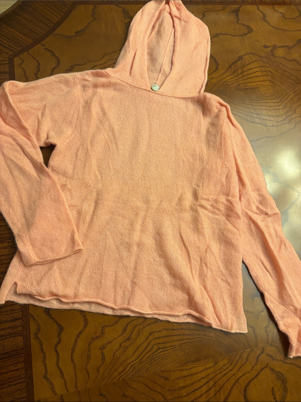 Margaret O'Leary Peach Cashmere Hooded Sweater Top with Signature Button Small 1